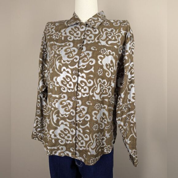 Vintage Esprit Shiny Print Blouse – Long Sleeve Button Down – Size Medium - Picture 3 of 8
